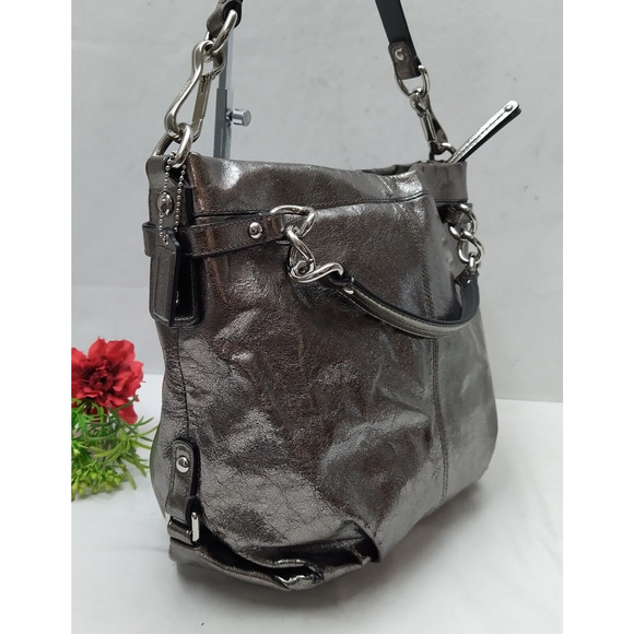 Coach Brooke Metallic Gray Leather Zipper Closure Hobo Shoulder Bag - Picture 3 of 16